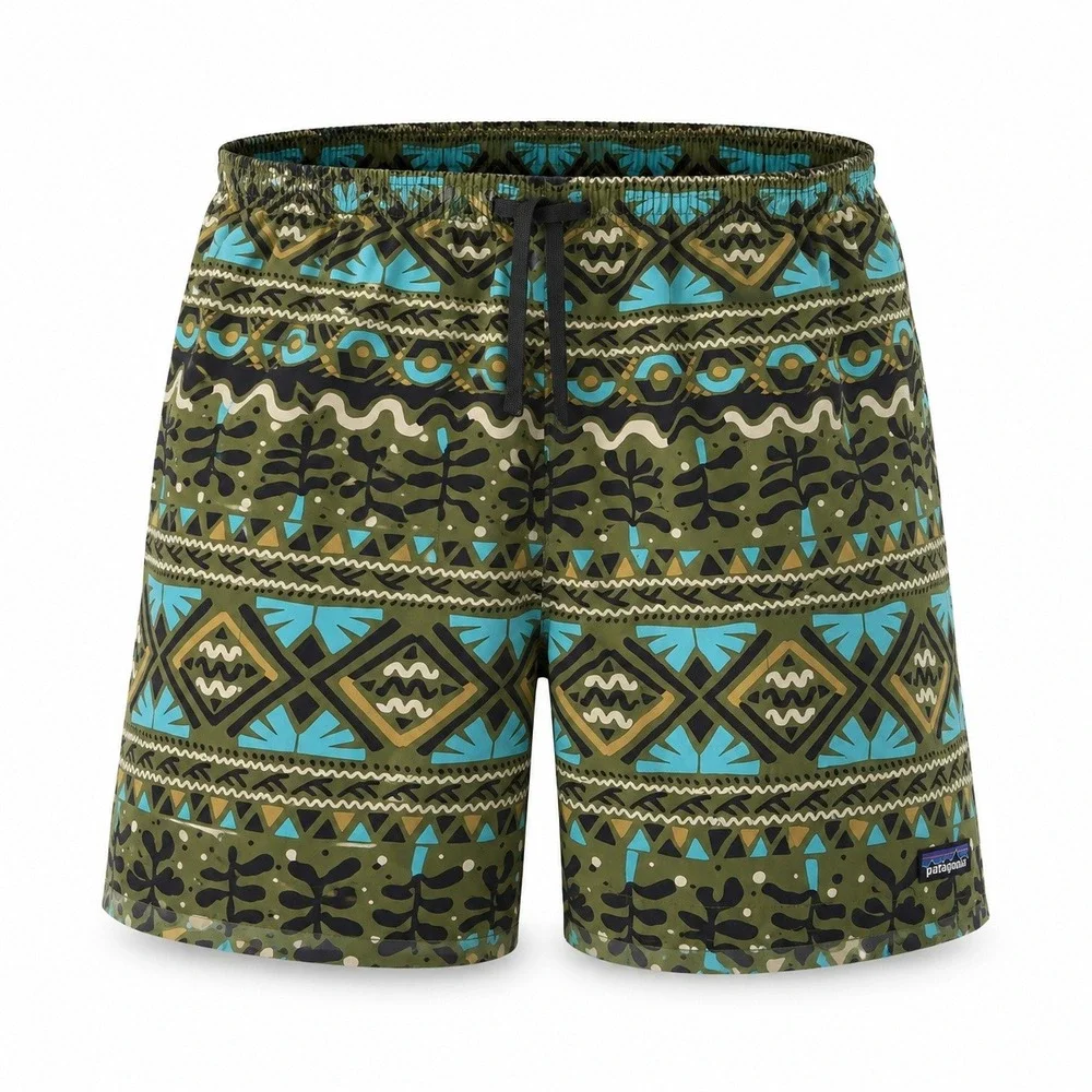 Patagonia Baggies Shorts Mens XL Green Tribal Geometric Print Swim Trunks 6-in